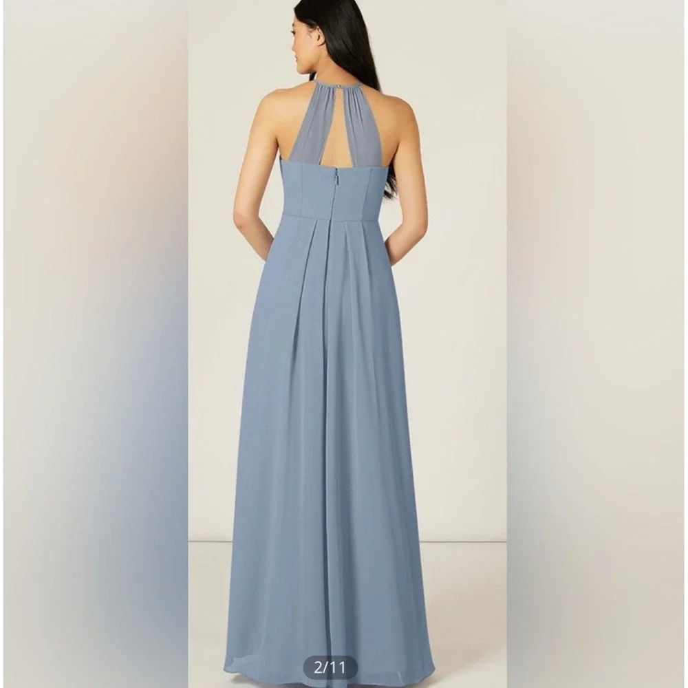 NWT Azazie Sarah Bridesmaid Dress 10 Dusty Blue Halter Chiffon Maxi Formal Gown‎
